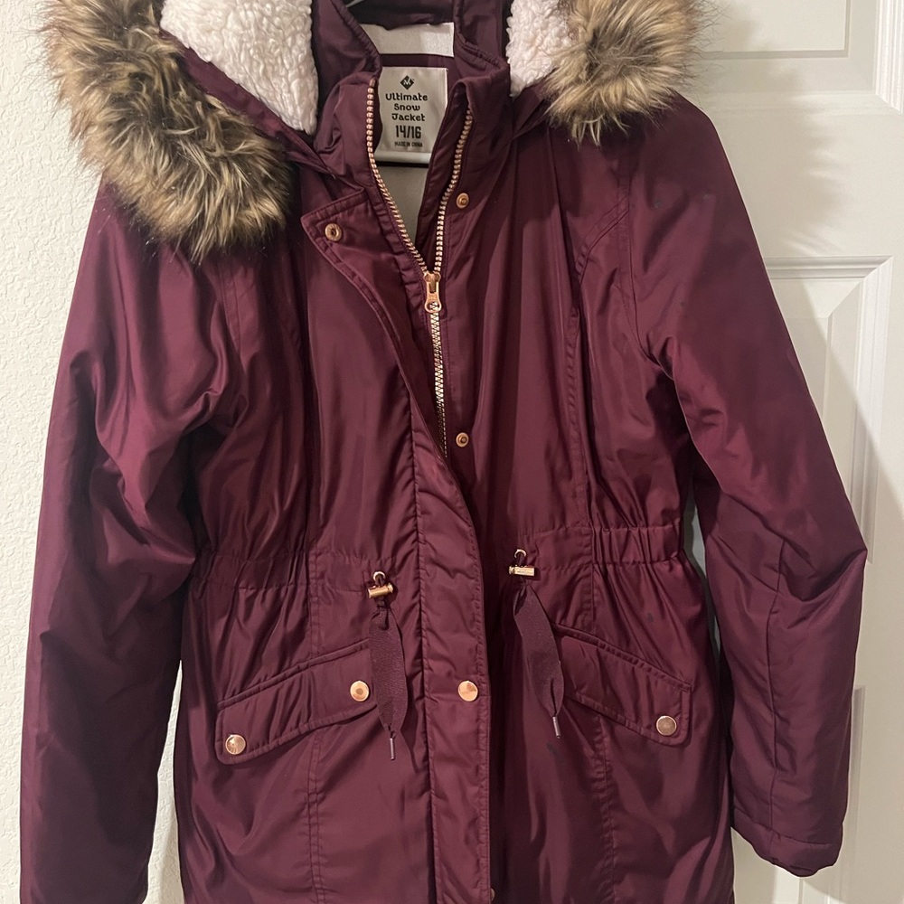 Kids Burgundy Parka with Faux Fur Hood